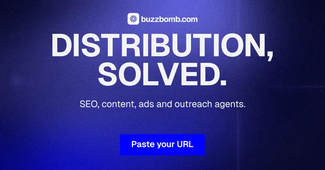 Social ad for BuzzBomb: "Distribution, solved." Swiss style, centred layout, dark palette in blue.