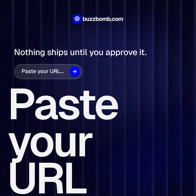 Instagram post for BuzzBomb: "Spark some growth today." Agentic glass style, oversized layout, dark palette in black, blue, grey.