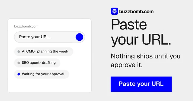 Social ad for BuzzBomb: "Paste your URL." Swiss style, skeleton layout, light palette in white, blue.