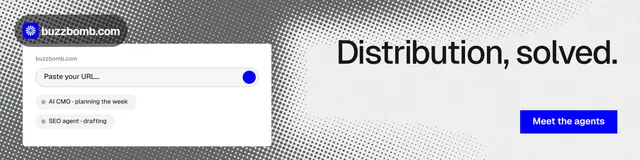 LinkedIn banner for BuzzBomb: "Distribution, solved." Swiss style, right layout, light palette in grey, white.