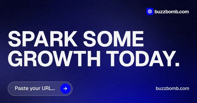 Social ad for BuzzBomb: "Spark some growth today." Agentic glass style, poster layout, dark palette in black, blue, grey.