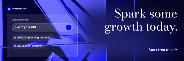X header for BuzzBomb: "Spark some growth today." Minimal luxury style, right layout, dark palette in blue.