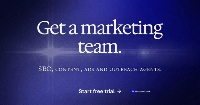 Social ad for BuzzBomb: "Get a marketing team." Swiss style, smallcaps layout, dark palette in blue.