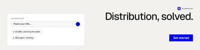LinkedIn banner for BuzzBomb: "Distribution, solved." Swiss style, right layout, light palette in white.
