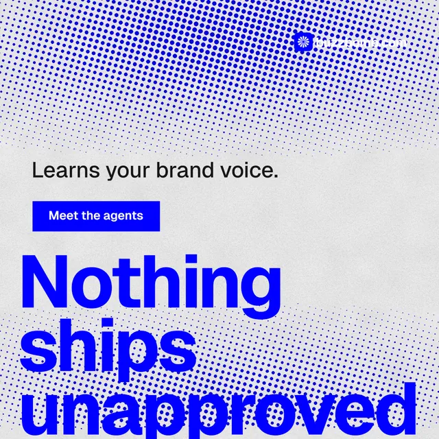Instagram post for BuzzBomb: "Get a marketing team." Swiss style, oversized layout, light palette in blue, white.