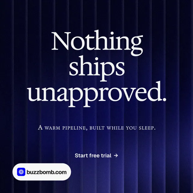Instagram post for BuzzBomb: "Nothing ships unapproved." Agentic glass style, smallcaps layout, dark palette in black, blue, grey.