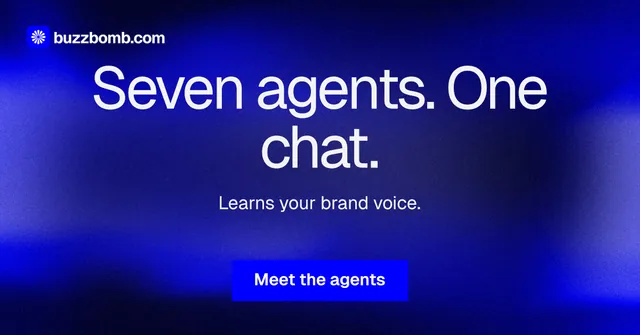 Social ad for BuzzBomb: "Seven agents. One chat." Swiss style, centred layout, dark palette in blue.