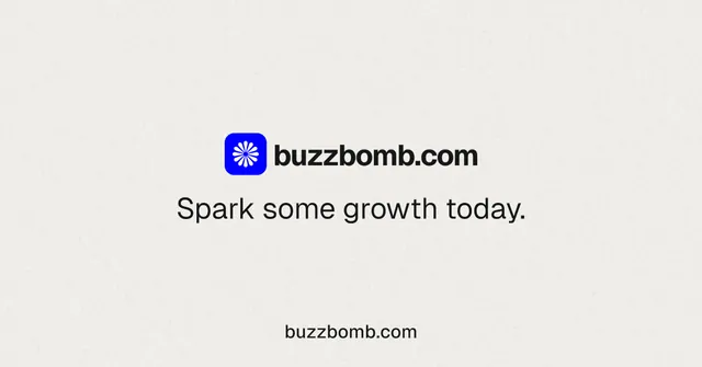 Social ad for BuzzBomb: "Spark some growth today." Swiss style, end card layout, light palette in white.