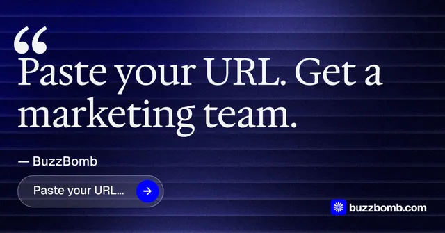 Social ad for BuzzBomb: "Spark some growth today." Agentic glass style, quote layout, dark palette in black, blue, grey.