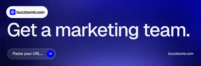 X header for BuzzBomb: "Get a marketing team." Agentic glass style, poster layout, dark palette in blue.