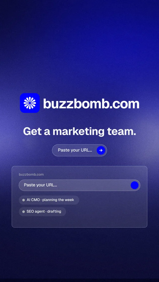 Instagram story for BuzzBomb: "Get a marketing team." Agentic glass style, logo hero layout, dark palette in blue.