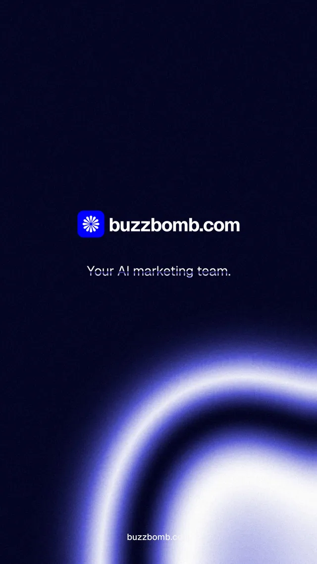 Instagram story for BuzzBomb: "Your AI marketing team." Agentic glass style, end card layout, dark palette in black, blue.