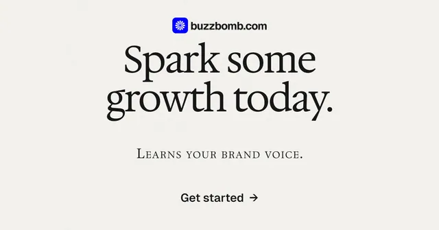Social ad for BuzzBomb: "Spark some growth today." Swiss style, smallcaps layout, light palette in white, grey.