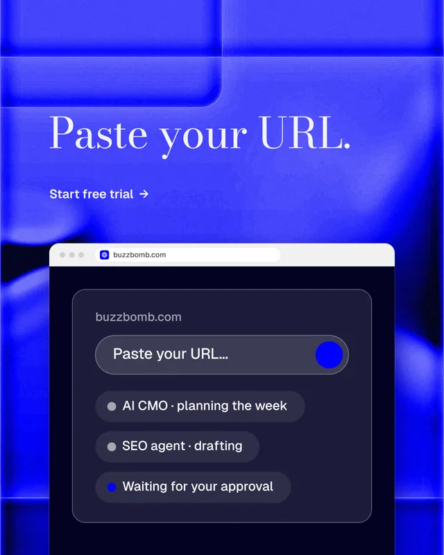 Instagram portrait post for BuzzBomb: "Paste your URL." Minimal luxury style, browser layout, dark palette in blue.