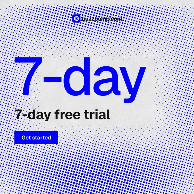 Instagram post for BuzzBomb: "One launch. A week of posts." Swiss style, stat layout, light palette in blue, white.