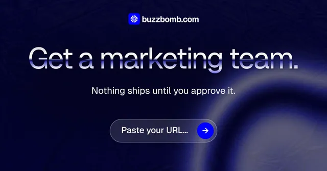 Social ad for BuzzBomb: "Get a marketing team." Agentic glass style, centred layout, dark palette in blue, black.
