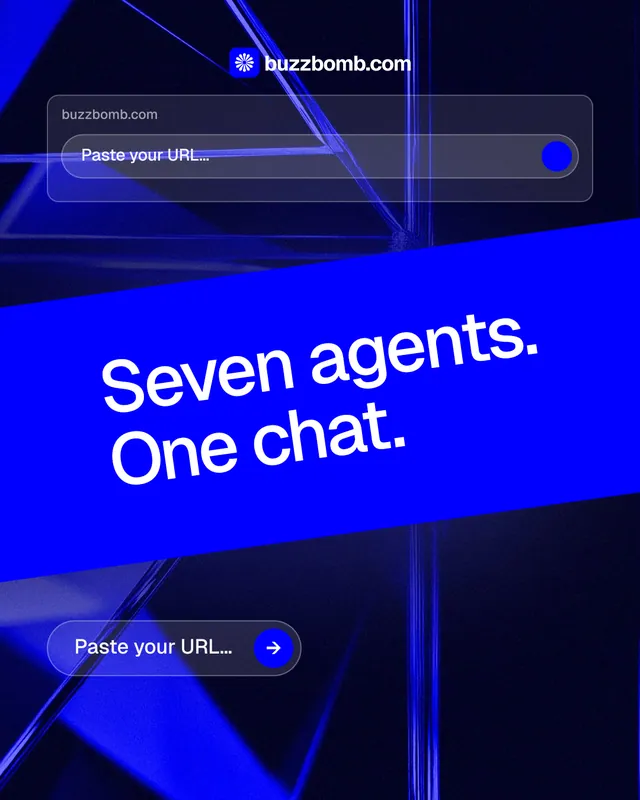 Instagram portrait post for BuzzBomb: "Seven agents. One chat." Agentic glass style, diagonal layout, dark palette in blue.