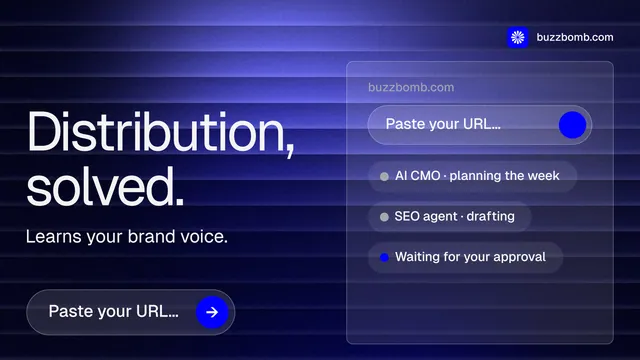 Landscape graphic for BuzzBomb: "Distribution, solved." Agentic glass style, bottom layout, dark palette in blue, black.
