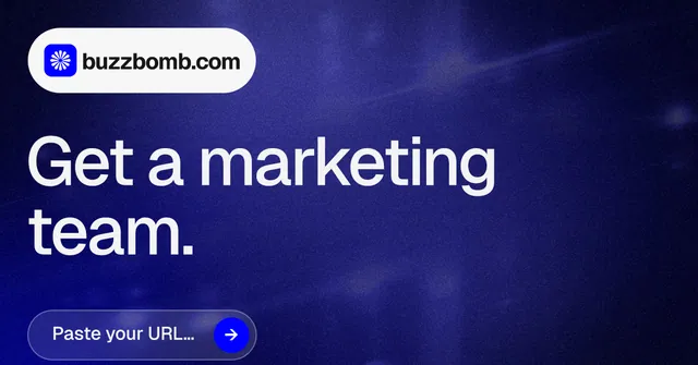 Social ad for BuzzBomb: "Get a marketing team." Agentic glass style, announce layout, dark palette in blue, black.