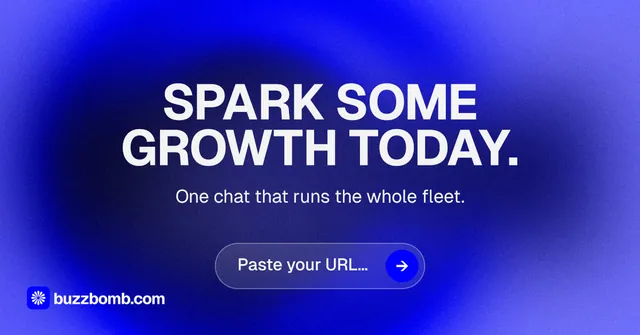 Social ad for BuzzBomb: "Spark some growth today." Agentic glass style, centred layout, dark palette in blue.