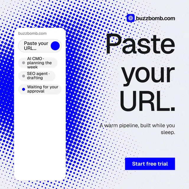 Instagram post for BuzzBomb: "Paste your URL." Swiss style, right layout, light palette in blue, white.