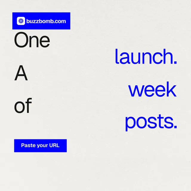 Instagram post for BuzzBomb: "One launch. A week of posts." Swiss style, stacked layout, light palette in white, blue.