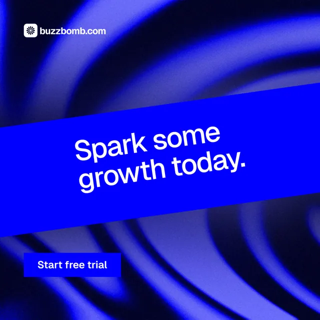 Instagram post for BuzzBomb: "Spark some growth today." Swiss style, diagonal layout, dark palette in blue.