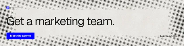 LinkedIn banner for BuzzBomb: "Get a marketing team." Swiss style, poster layout, light palette in grey, white.