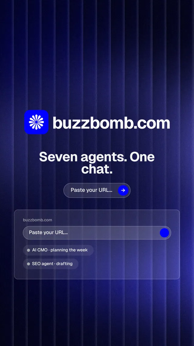 Instagram story for BuzzBomb: "Seven agents. One chat." Agentic glass style, logo hero layout, dark palette in blue, black.