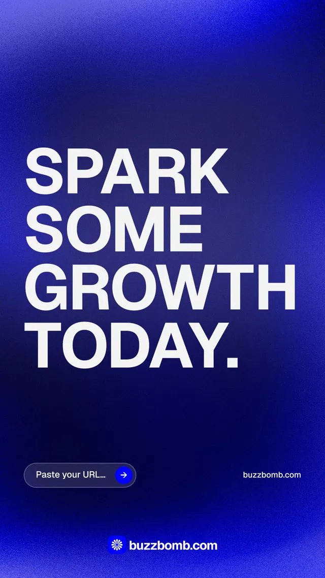Instagram story for BuzzBomb: "Spark some growth today." Agentic glass style, poster layout, dark palette in blue.