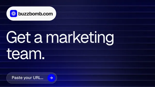 Landscape graphic for BuzzBomb: "Get a marketing team." Agentic glass style, announce layout, dark palette in black, blue, grey.