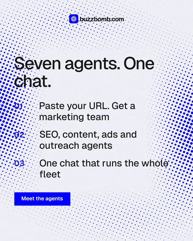 Instagram portrait post for BuzzBomb: "Seven agents. One chat." Split block style, numbered layout, light palette in white, blue.