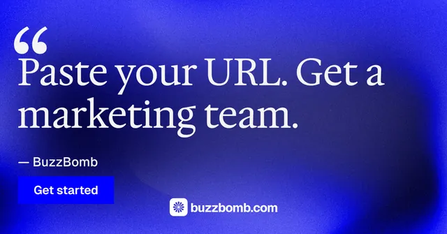 Social ad for BuzzBomb: "One launch. A week of posts." Swiss style, quote layout, dark palette in blue.