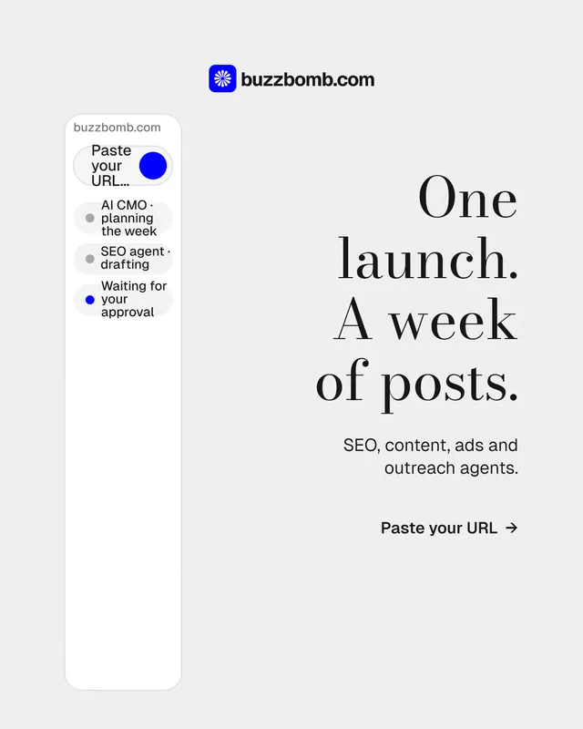 Instagram portrait post for BuzzBomb: "One launch. A week of posts." Minimal luxury style, right layout, light palette in white.