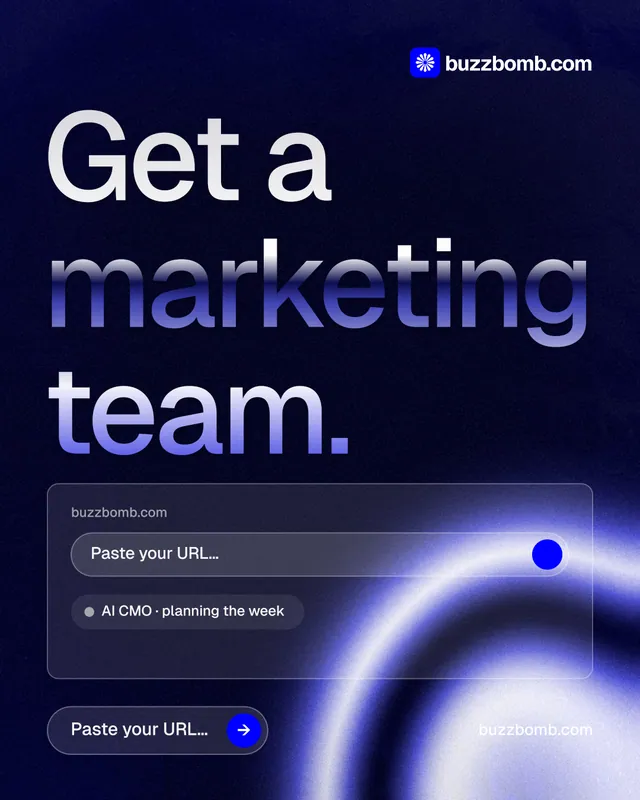 Instagram portrait post for BuzzBomb: "Get a marketing team." Agentic glass style, poster layout, dark palette in blue, black.