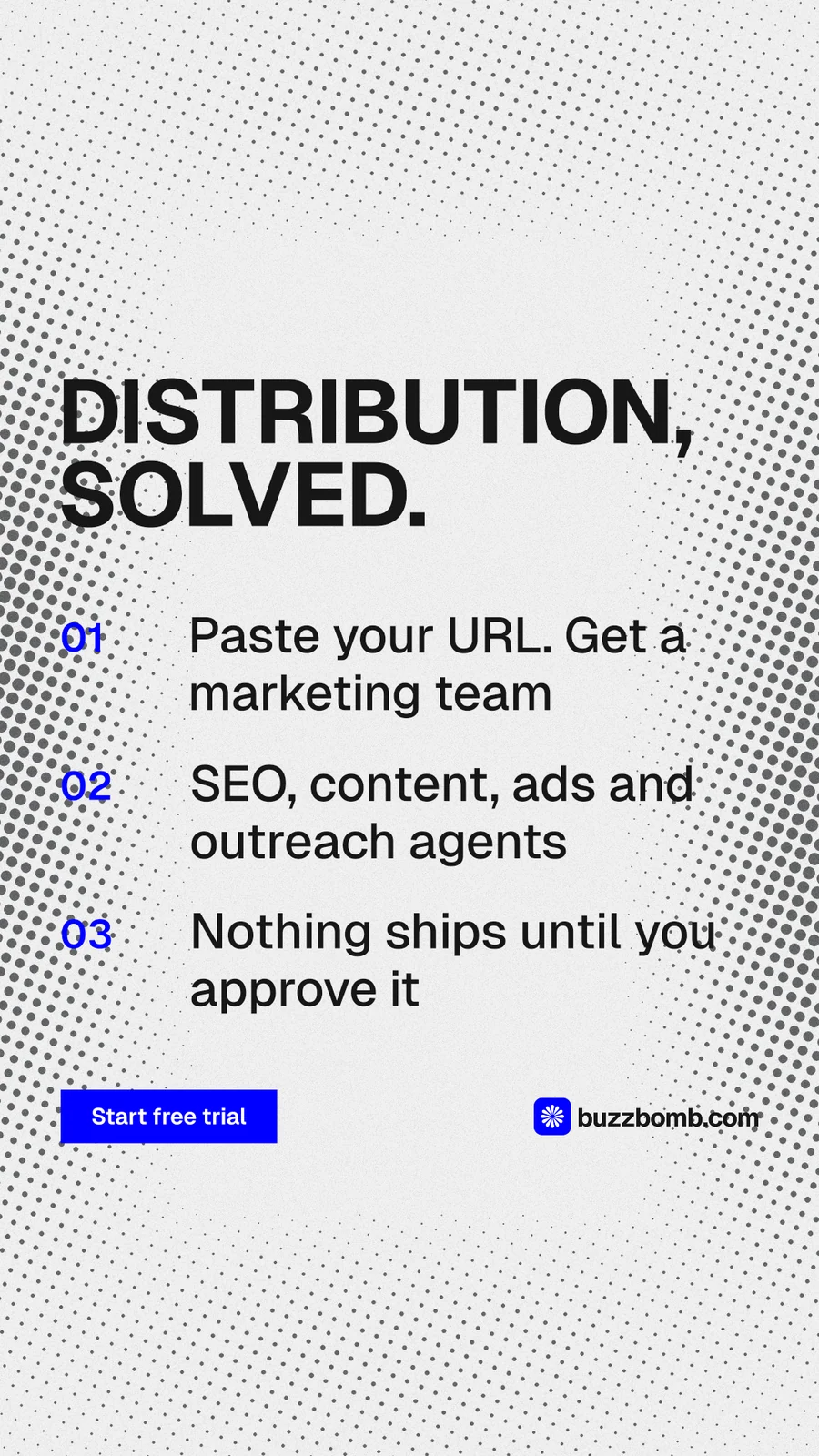 Instagram story for BuzzBomb: "Distribution, solved." Swiss style, numbered layout, light palette in white, grey.