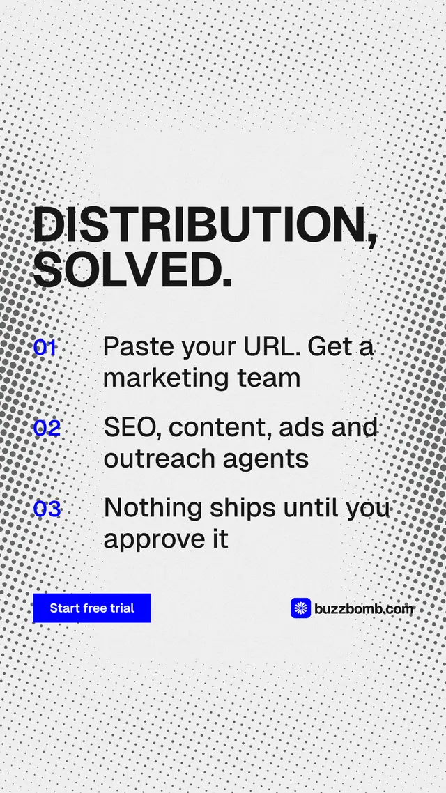 Instagram story for BuzzBomb: "Distribution, solved." Swiss style, numbered layout, light palette in white, grey.