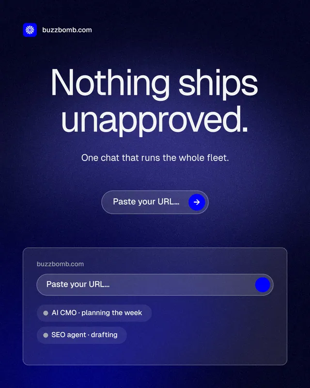 Instagram portrait post for BuzzBomb: "Nothing ships unapproved." Agentic glass style, centred layout, dark palette in black, blue.