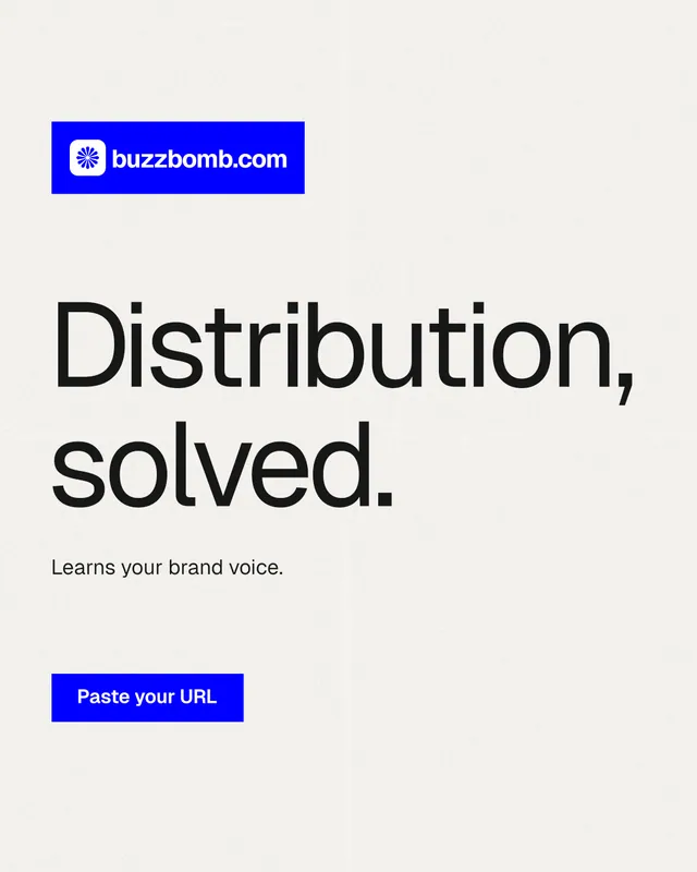 Instagram portrait post for BuzzBomb: "Distribution, solved." Swiss style, announce layout, light palette in white, blue.