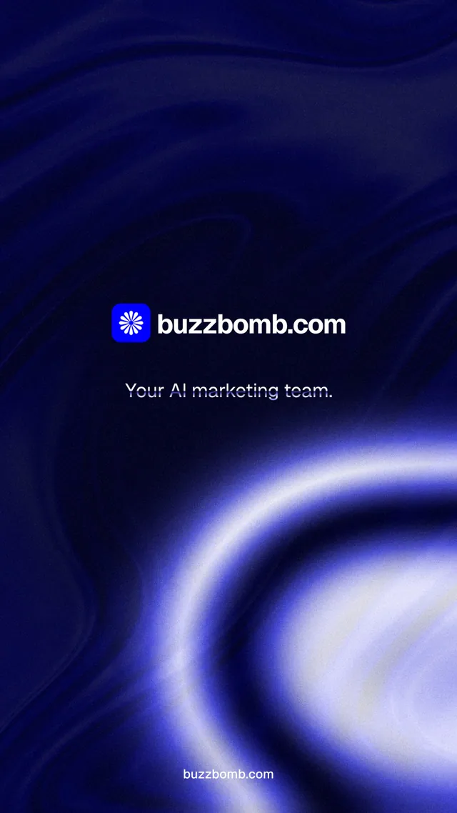 Instagram story for BuzzBomb: "Your AI marketing team." Agentic glass style, end card layout, dark palette in black, blue.