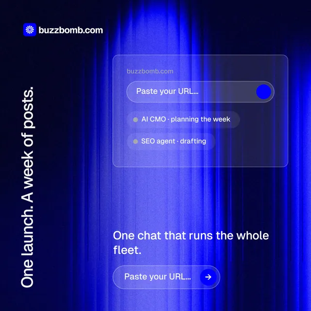 Instagram post for BuzzBomb: "One launch. A week of posts." Agentic glass style, vertical layout, dark palette in blue, black.
