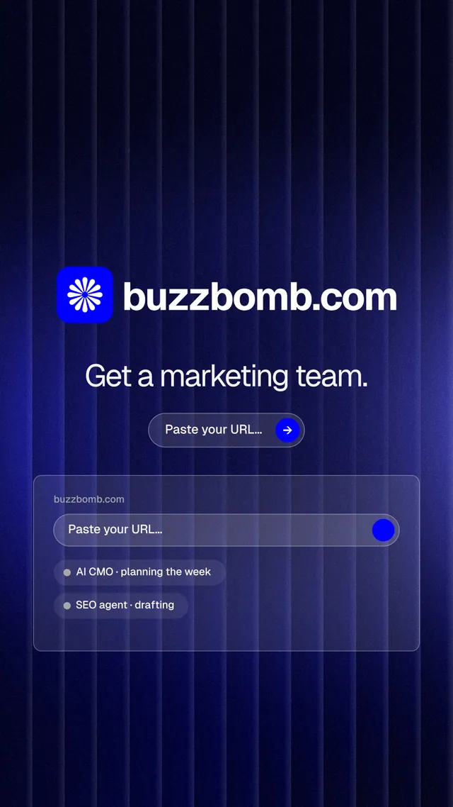 Instagram story for BuzzBomb: "Get a marketing team." Agentic glass style, logo hero layout, dark palette in black, blue.