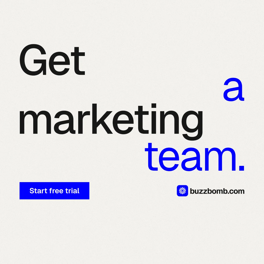 Instagram post for BuzzBomb: "Get a marketing team." Swiss style, stacked layout, light palette in white, blue.
