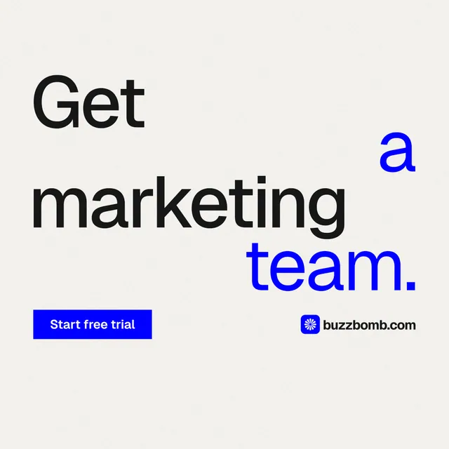 Instagram post for BuzzBomb: "Get a marketing team." Swiss style, stacked layout, light palette in white, blue.