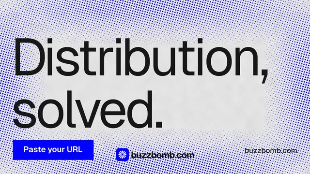 Landscape graphic for BuzzBomb: "Distribution, solved." Swiss style, poster layout, light palette in blue, white.