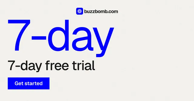 Social ad for BuzzBomb: "Distribution, solved." Swiss style, stat layout, light palette in white, blue.