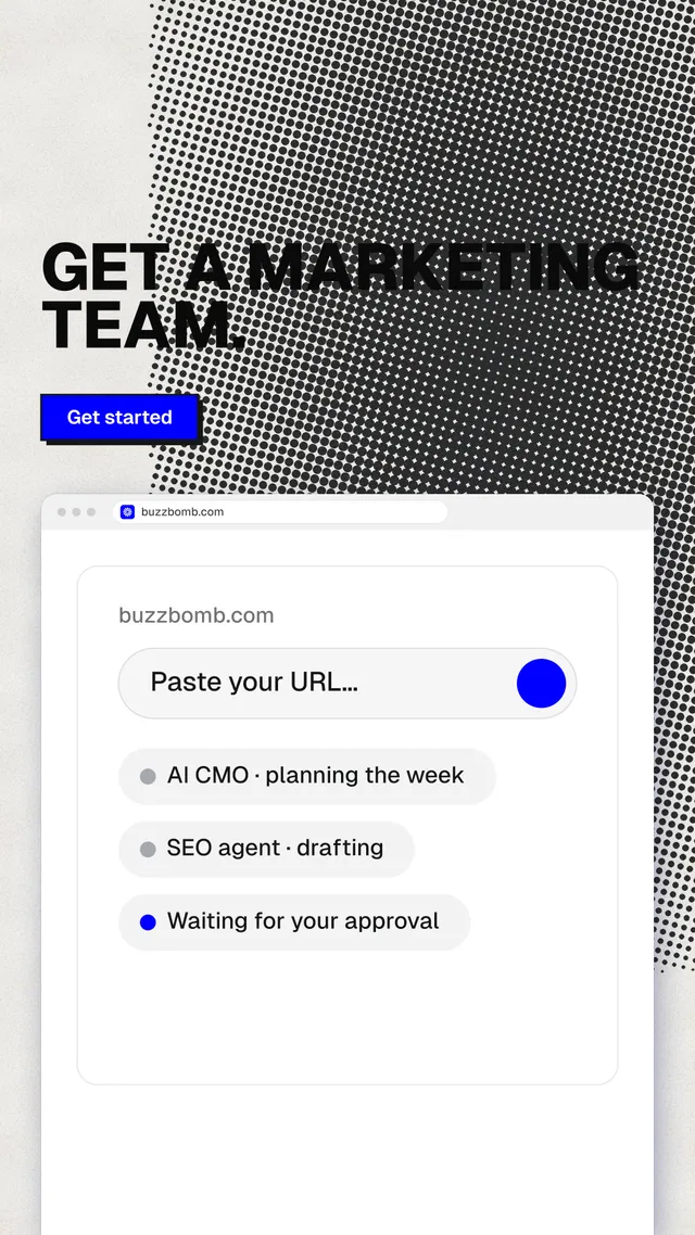 Instagram story for BuzzBomb: "Get a marketing team." Brutalist style, browser layout, light palette in white, grey.