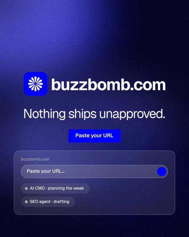 Instagram portrait post for BuzzBomb: "Nothing ships unapproved." Swiss style, logo hero layout, dark palette in black, blue.