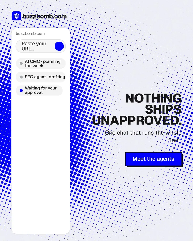 Instagram portrait post for BuzzBomb: "Nothing ships unapproved." Brutalist style, right layout, light palette in white, blue.