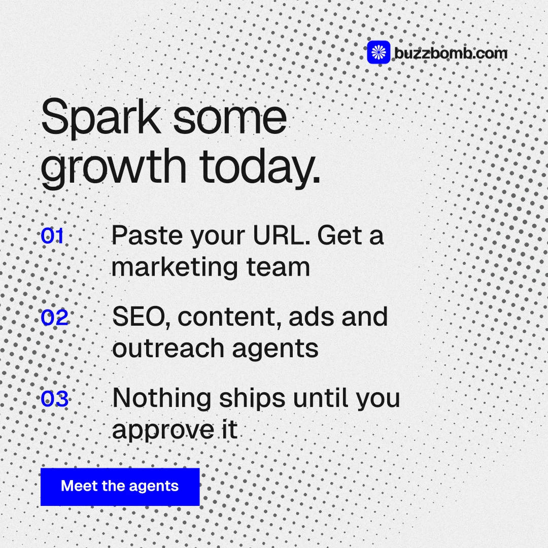 Instagram post for BuzzBomb: "Spark some growth today." Split block style, numbered layout, light palette in white, grey.
